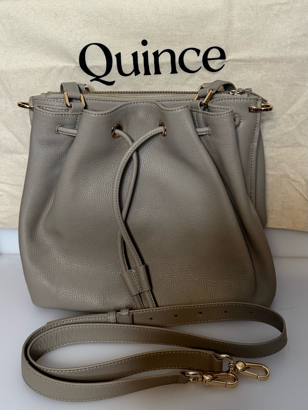 Quince Pebble Leather Drawstring Crossbody Bag - Taupe